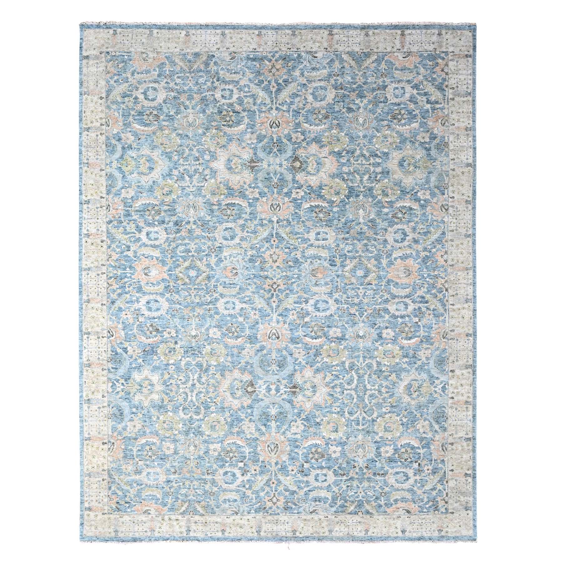 Ruddy Blue, Hand Knotted, Distressed, Antiqued Persian with Ziegler Mahal Design, Oxidized, Zero Pile, Shaved Low, Pure Wool, Oriental Rug